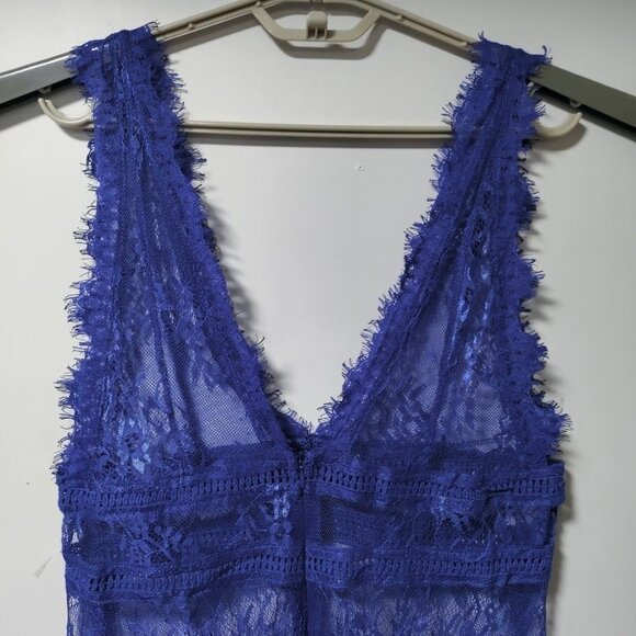 Sheer Lace Gown Wrap Electric Blue Deep V Festival Lingerie Goth S/M - Picture 4 of 13